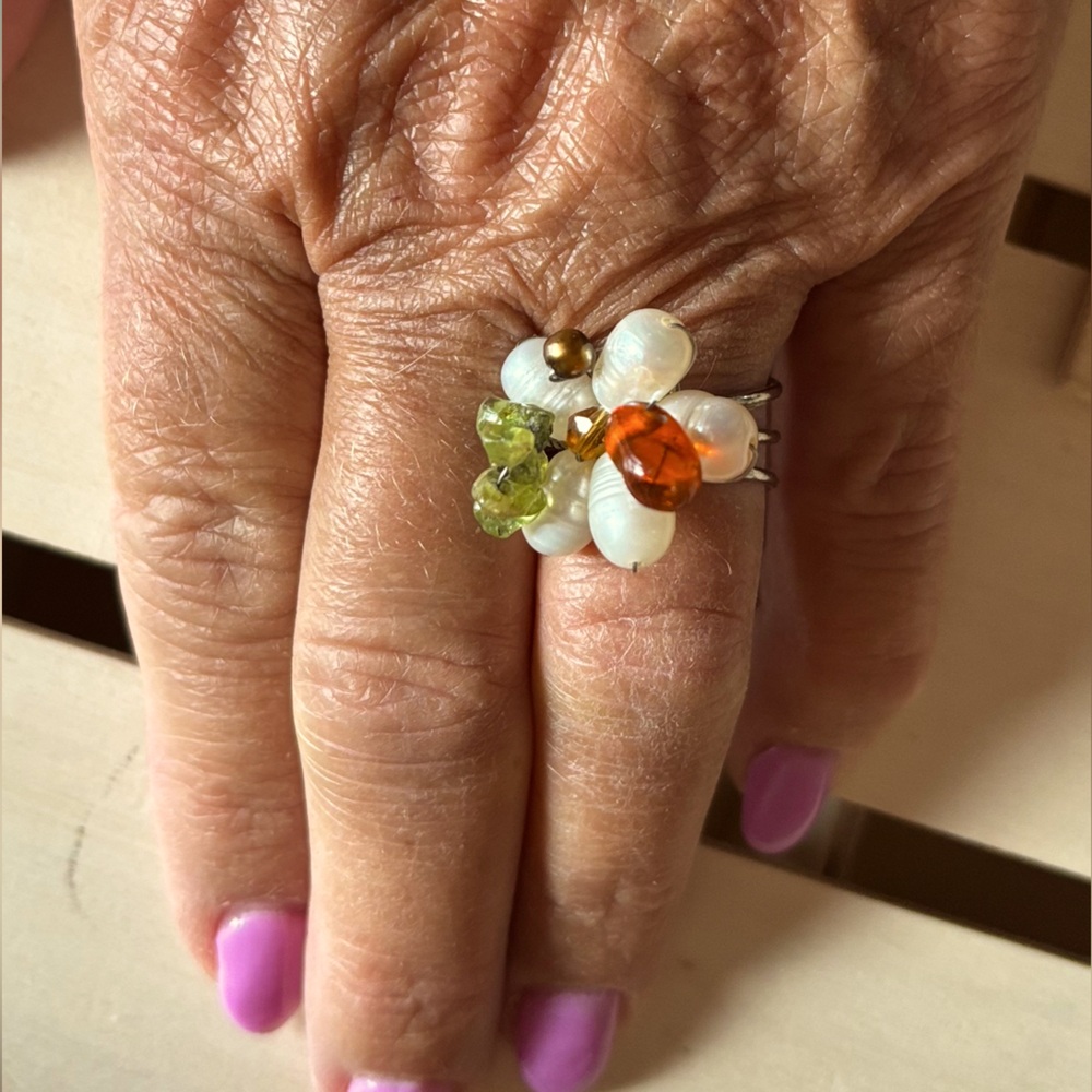 Floral Gemstone Ring with Pearls and Orange and Green Accents